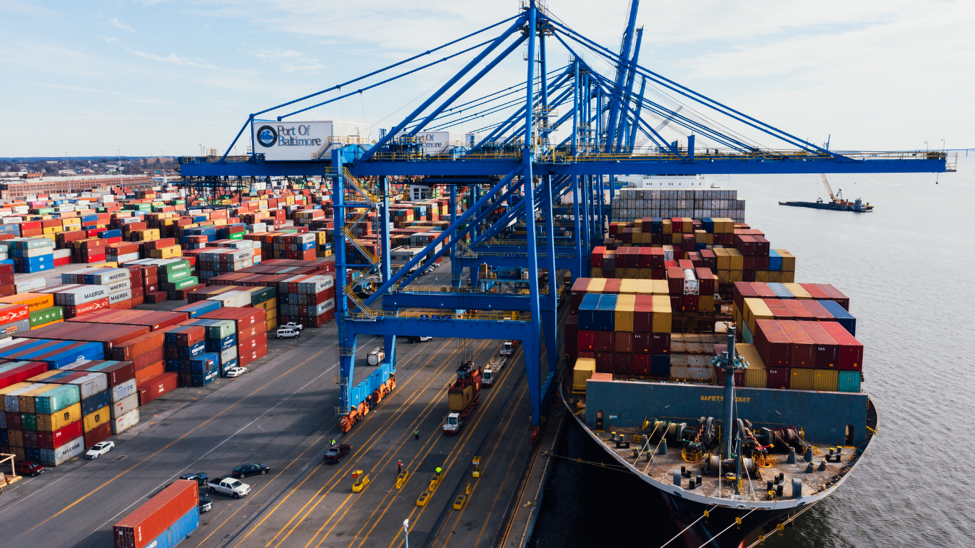 Container ship carrying export cargo at Karachi port as Pakistan restores weekly shipping connectivity with major European ports.
