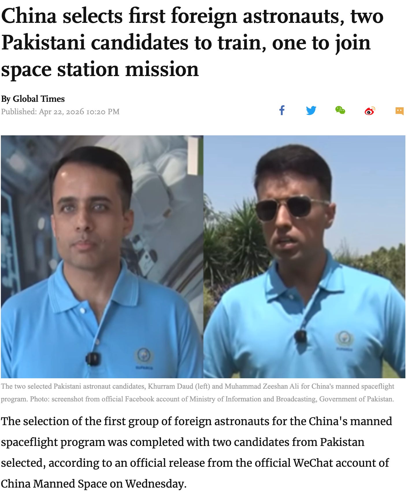 China to Launch First Foreign Astronaut as Pakistani Pilots Train for Tiangong Mission